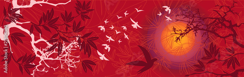 Paysage Asiatique Soleil Couchant avec Arbres et Oiseaux