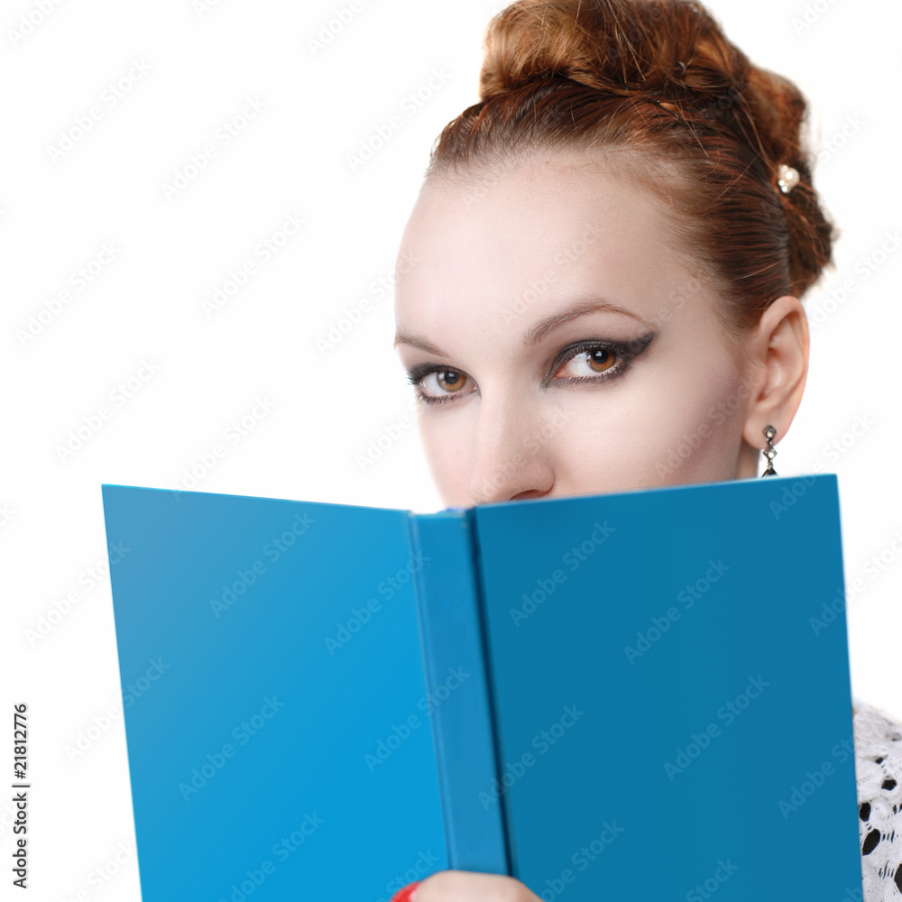 portrait of attractive young woman with blue book portrait of attractive young woman with blue book