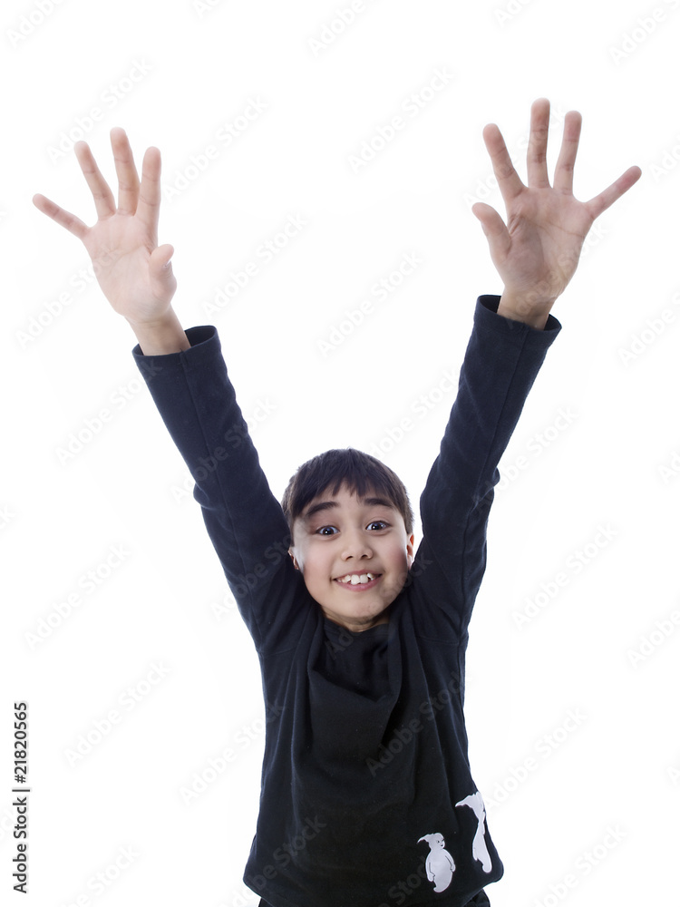smiling boy with stretched arms & open hands smiling boy with stretched arms & open hands