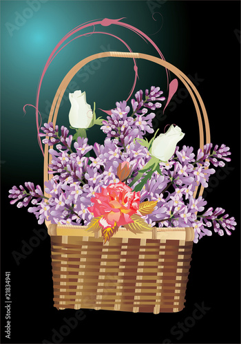 full basket of lilac and rose flowers
