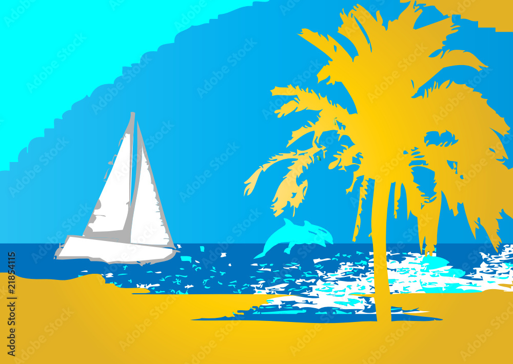 Strand mit Palme,Meer und Segelboot