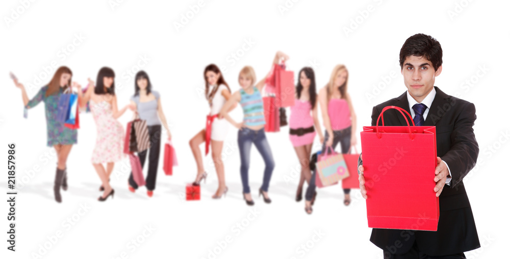Shopping man with group of girls Shopping man with group of girls
