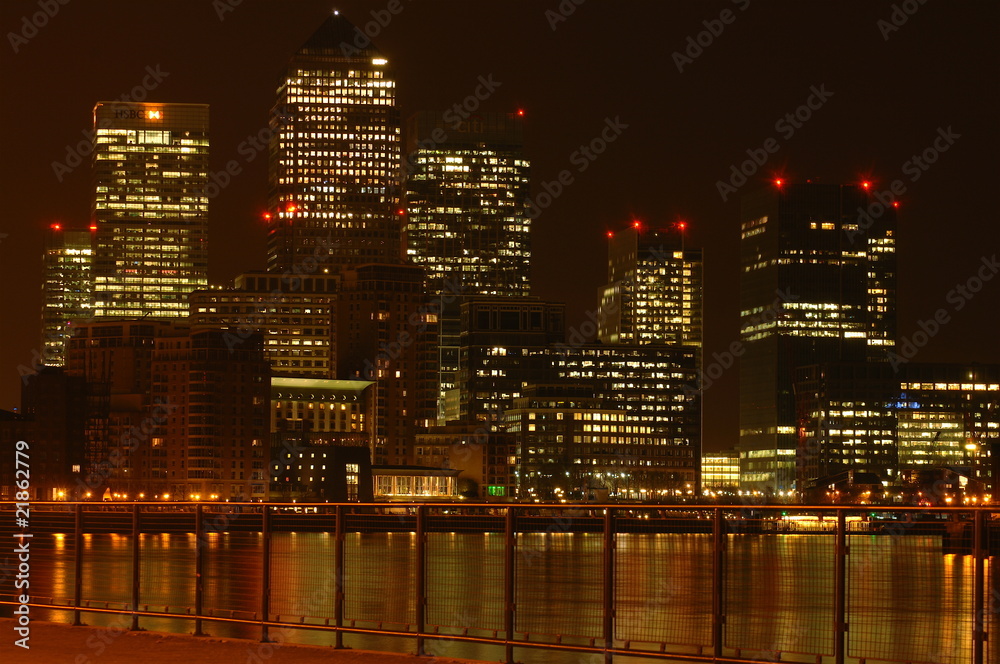 Canary Wharf at night view from Thames Path