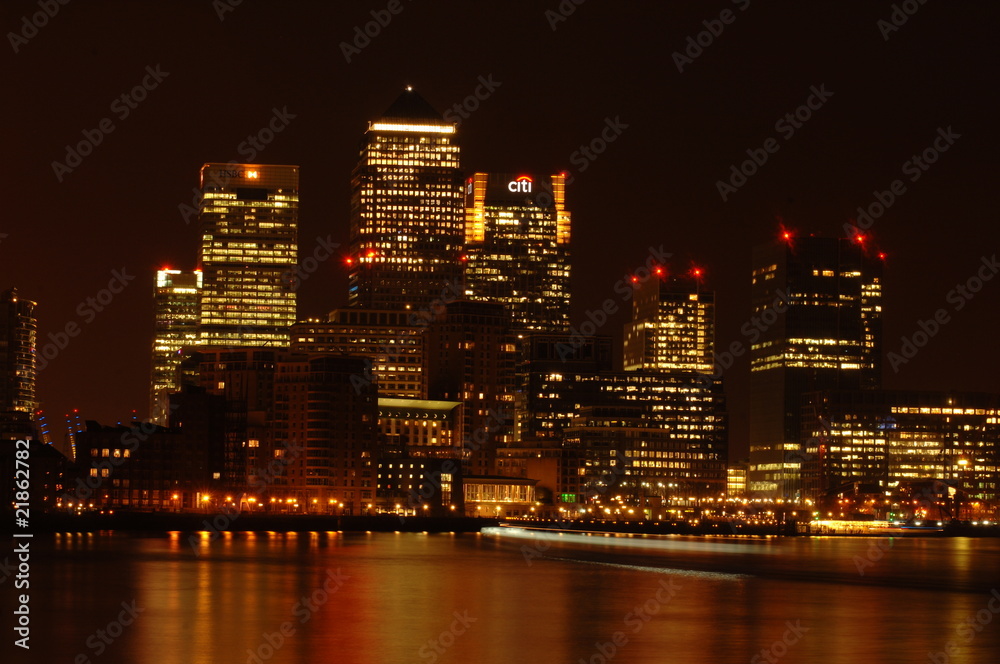Canary Wharf at night view from thames path
