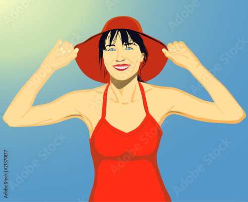The beautiful smiling brunette in a hat.