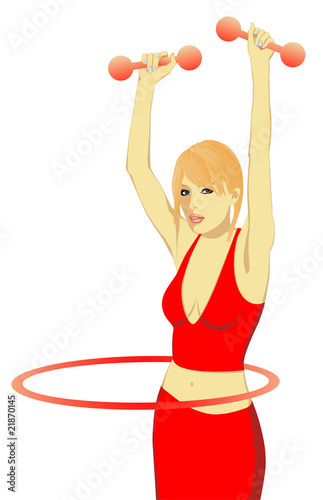 The girl practises with a hoop and dumbbells