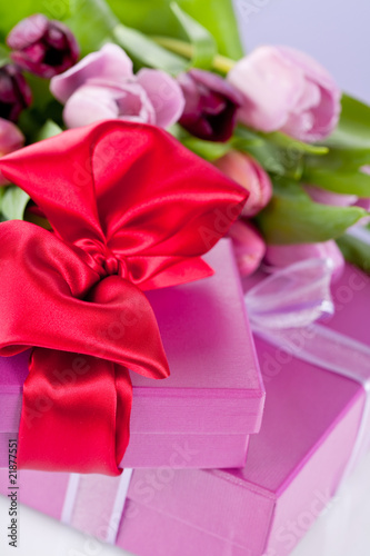 Pink tulips and gift boxes