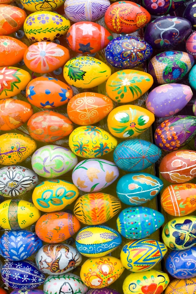 Wooden easter eggs background.