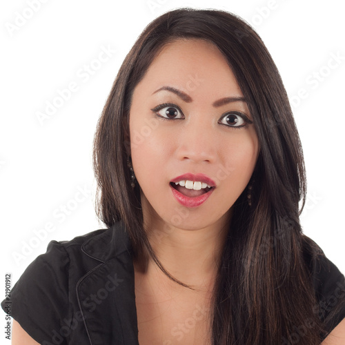 Shocked or surprised woman isolated on white