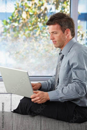 Businessman using laptop on couch