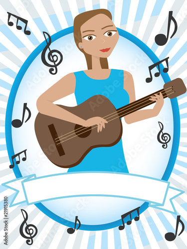 Cartoon girl playing acoustic guitar surrounded by musical notes