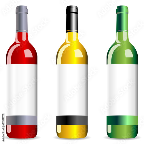 Three different wine bottles over white background
