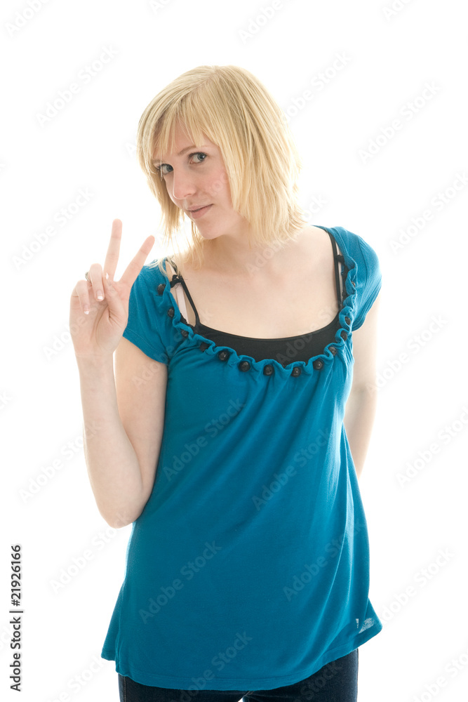 Beautiful teenage girl showing victory sign Beautiful teenage girl showing victory sign