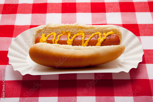 Принти на полотні Hot dog with mustard on red plaid table cloth