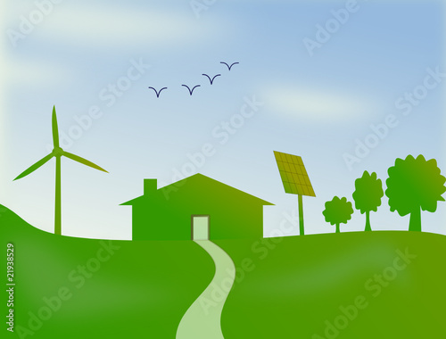 Habitation écologique avec panneaux solaire et éolienne