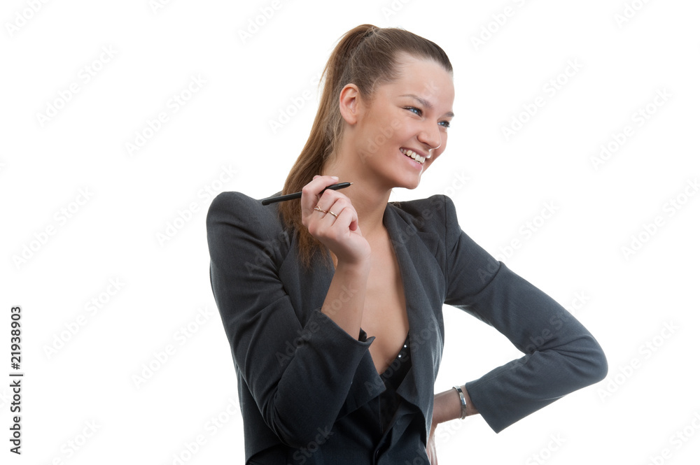 Portrait of young business woman holding pen in her hand Portrait of young business woman holding pen in her hand