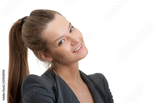 Close-up portrait of young beautiful business woman holding a bl