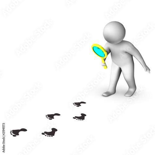 3D man with magnifier and footprints