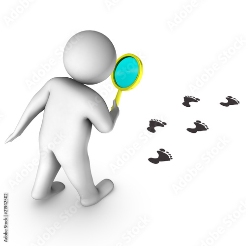3d man with magnifier and footprints