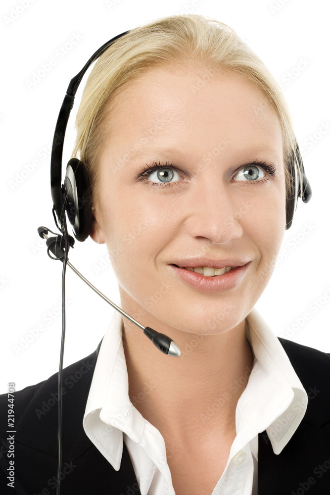 young operator smiling with headphone and microphone young operator smiling with headphone and microphone