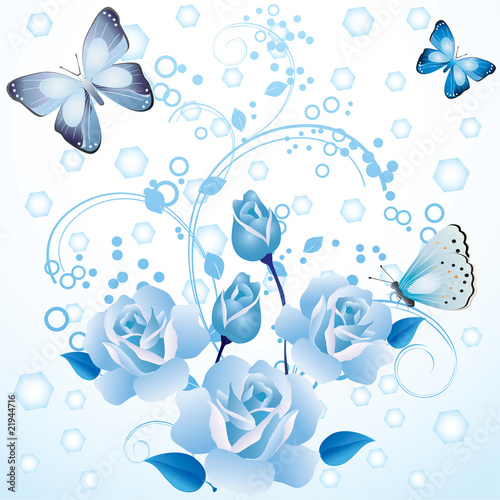 Blue roses and butterflies.