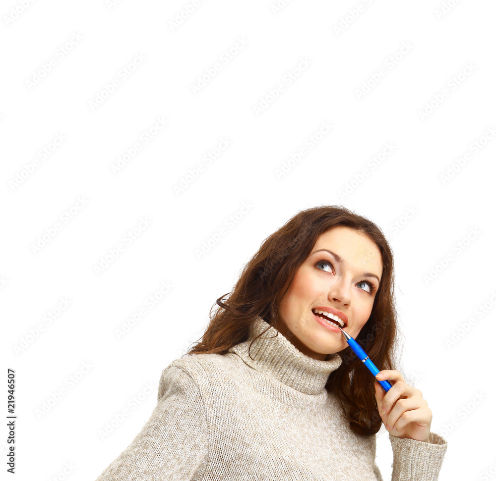 Closeup portrait of a young woman with pen isolated on white Closeup portrait of a young woman with pen isolated on white