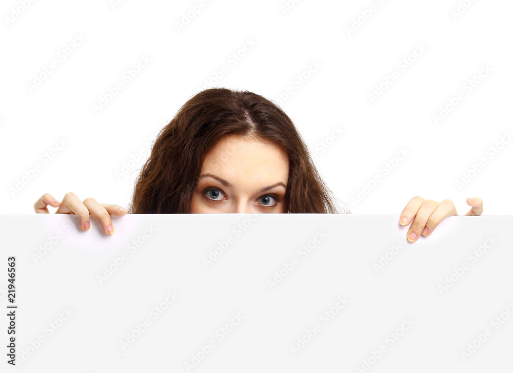 Closeup portrait of a young business woman with billboard Closeup portrait of a young business woman with billboard