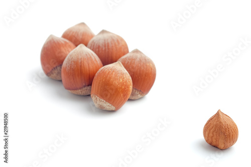 out of focus hazelnuts on white with selective focus on kernel