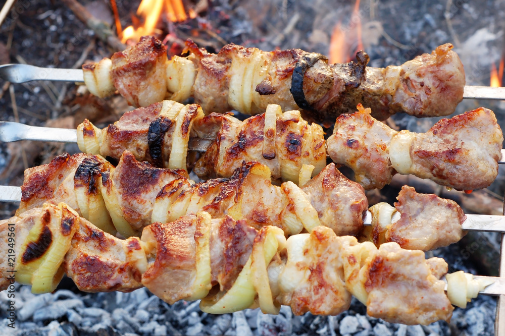 shish kebab on skewers and hot coals