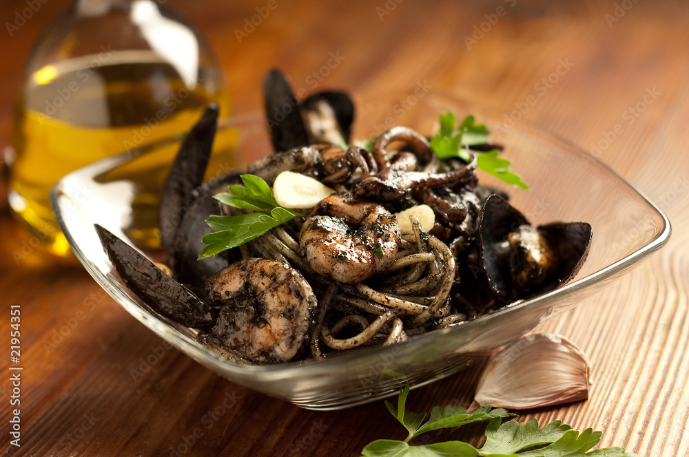 Ink squid spaghetti selective focus on front Ink squid spaghetti selective focus on front