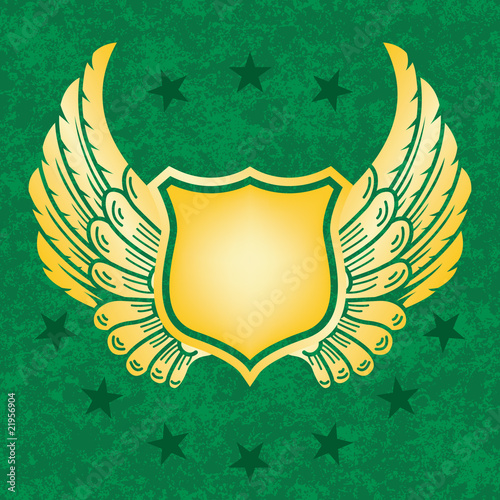 Gold shield on green grunge background