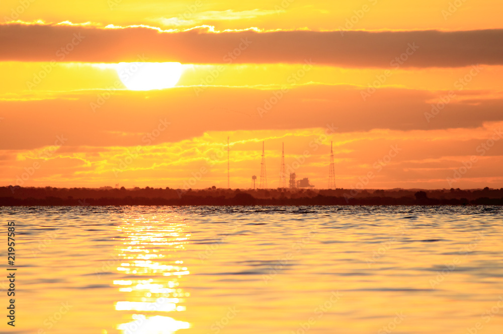 sunrise at a space shuttle launch pad