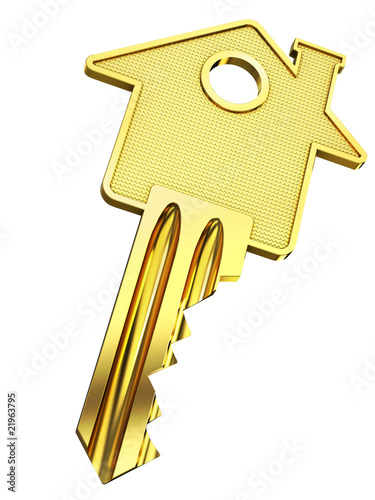 Golden home key with house silhouette (3d illustration)