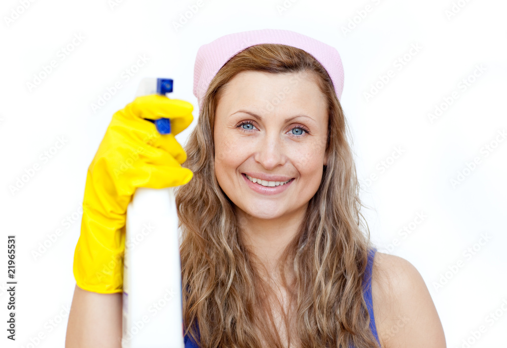 Attractive woman holding a detergent spray Attractive woman holding a detergent spray
