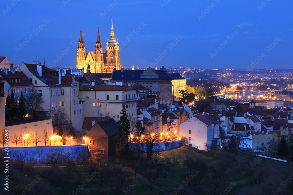 The night View on bright Prague with gothic Castle