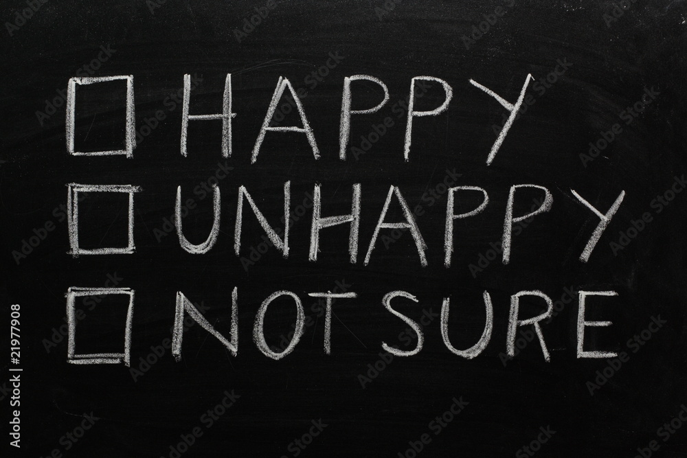 Happy or unhappy tick box on a blackboard