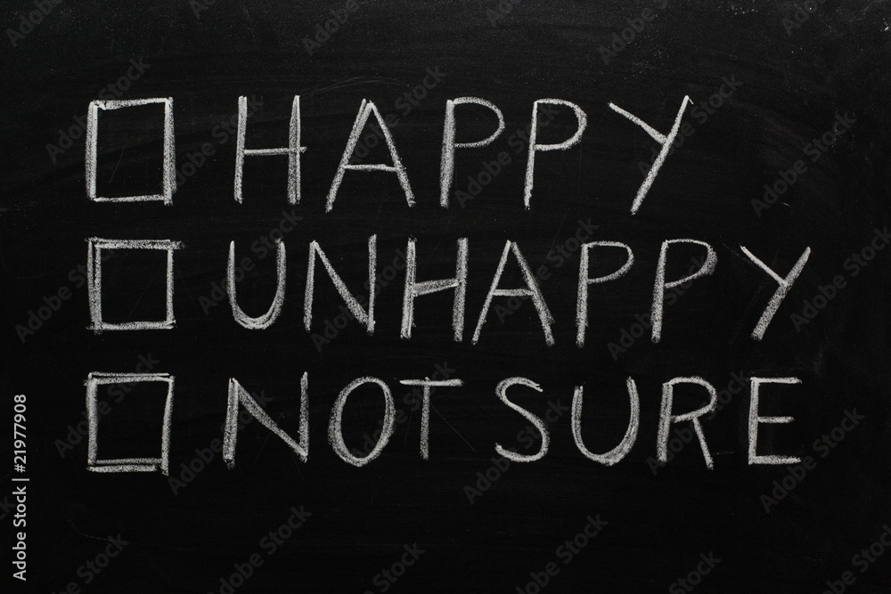 Happy or unhappy tick box on a blackboard Happy or unhappy tick box on a blackboard