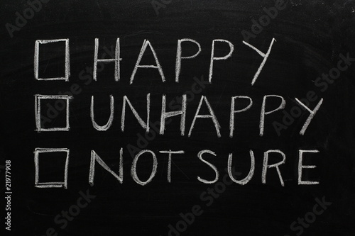 Happy or unhappy tick box on a blackboard