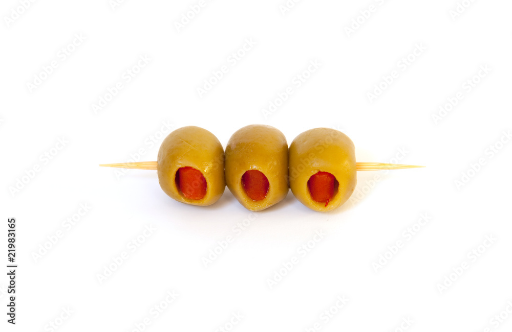 Three olives on a toothpick. Three olives on a toothpick.