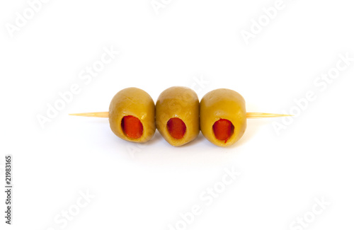 Three olives on a toothpick.