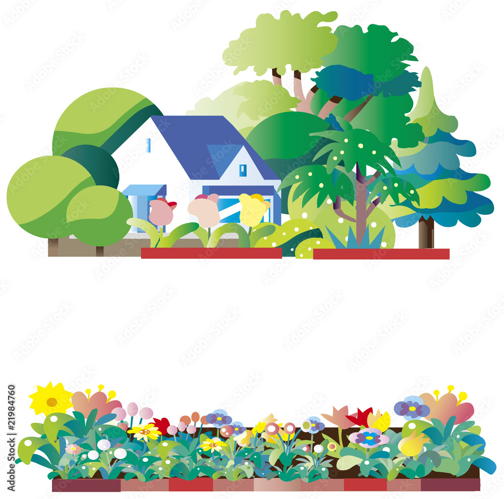 Naklejka premium 家と花壇