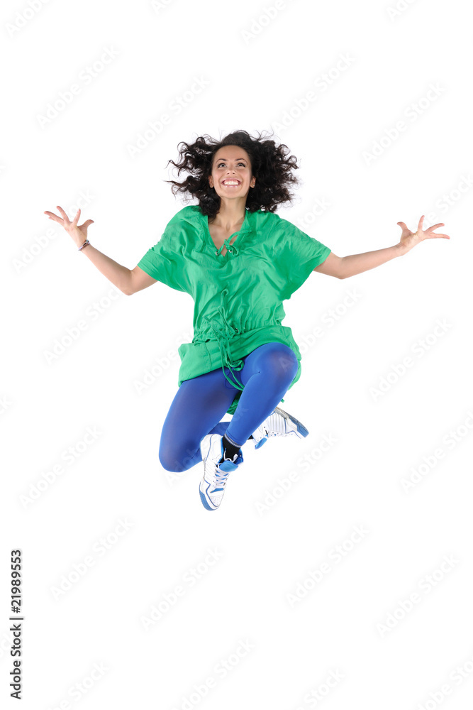 Female dancer jumping, isolated on white