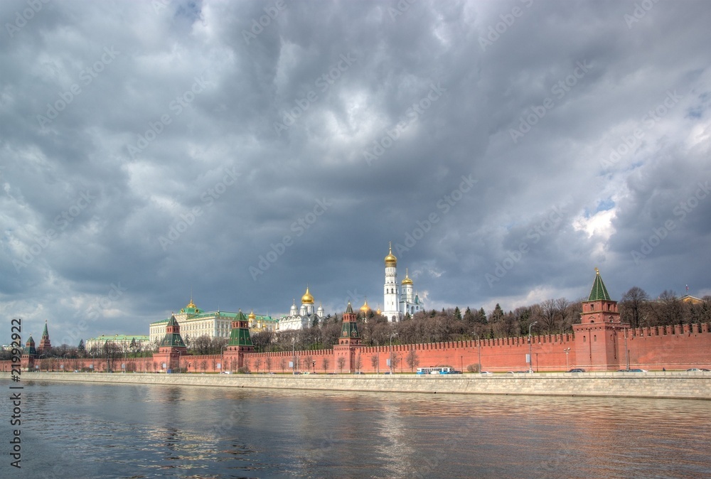 Moscow Kremlin, river and dramatic grey sky