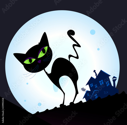 Black cat silhouette in night town. Vector Illustration