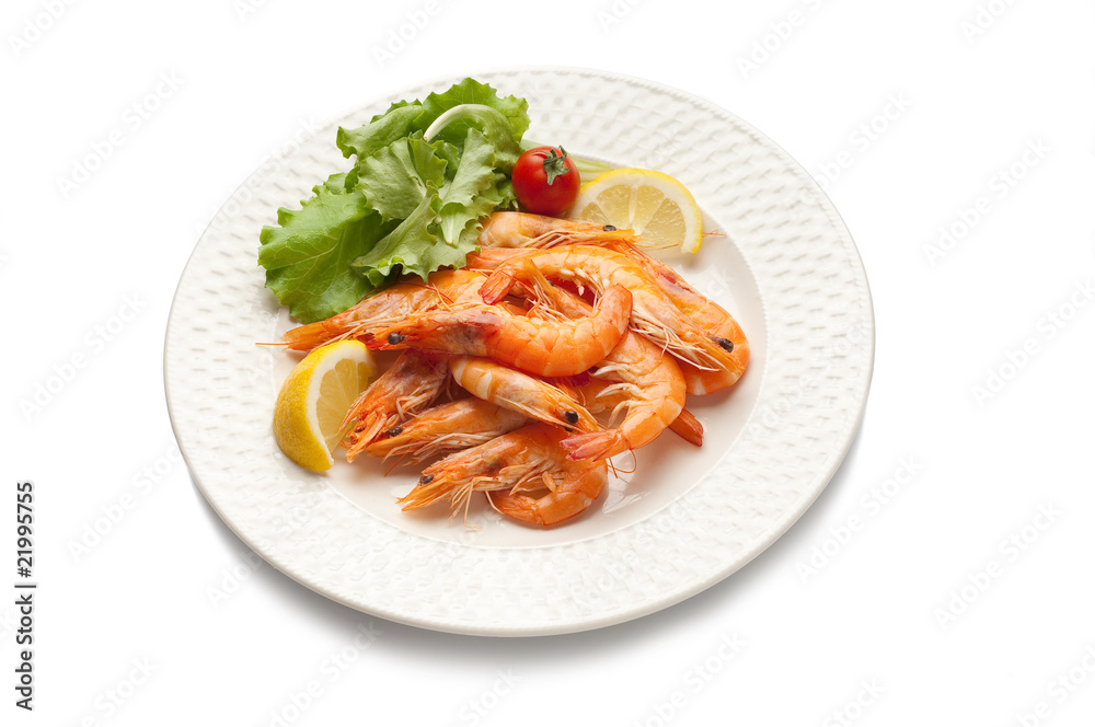 dish with boiled shrimp and sala dish with boiled shrimp and sala