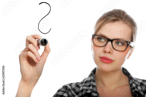 blonde student girl drawing a question mark in the air