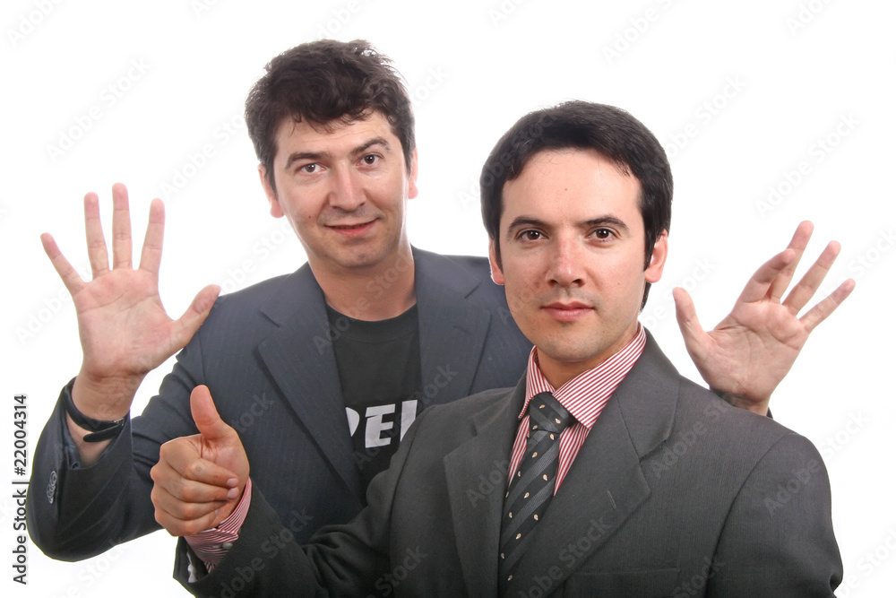 two young business men portrait on white. focus on the right man two young business men portrait on white. focus on the right man