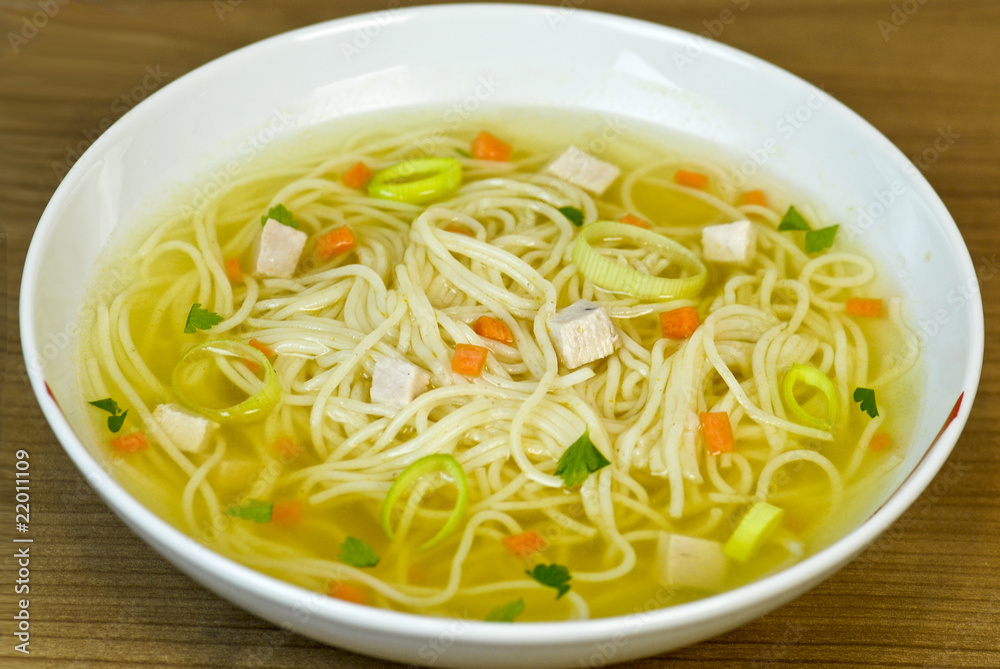 Chicken noodle soup in bowl