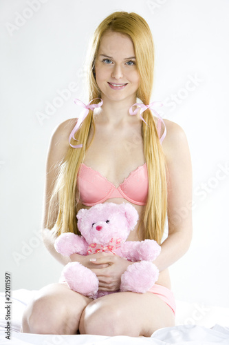 woman wearing underwear with teddy bear photo