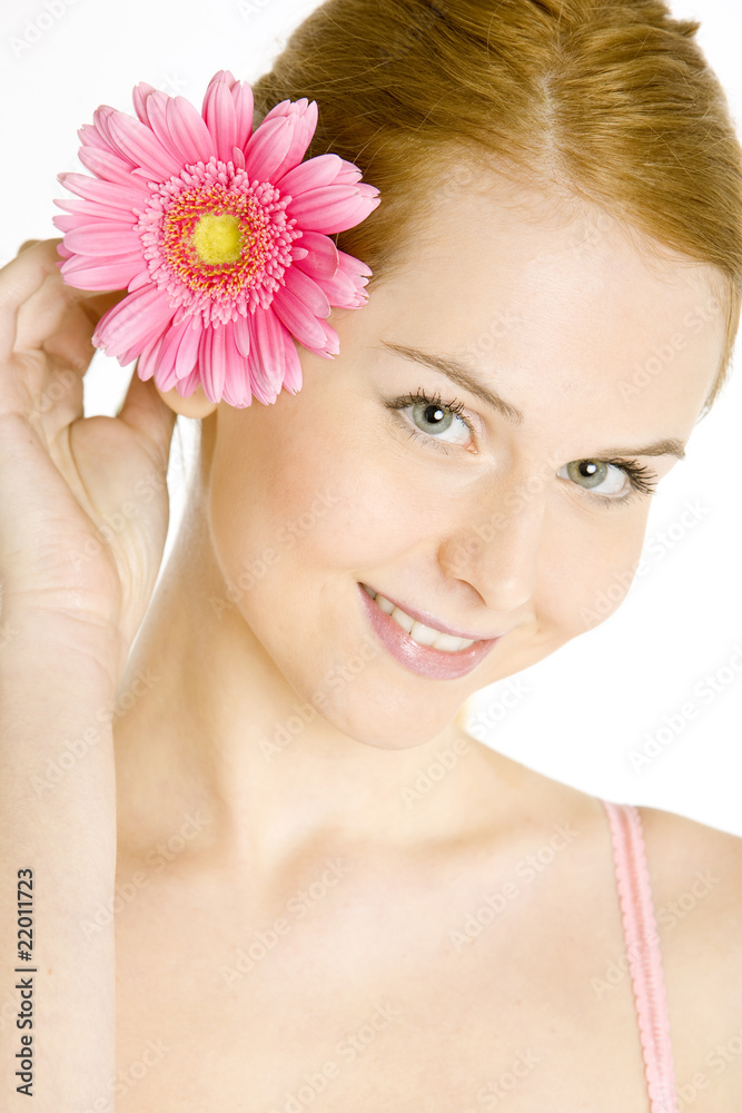 portrait of woman with gerbera portrait of woman with gerbera
